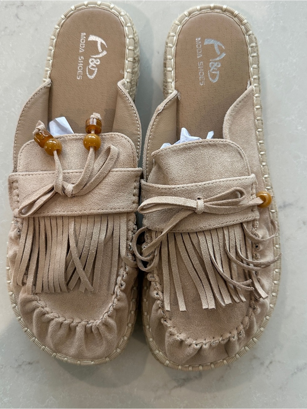 Moda Beige Suede Fringe Slip-On Loafer with Beads